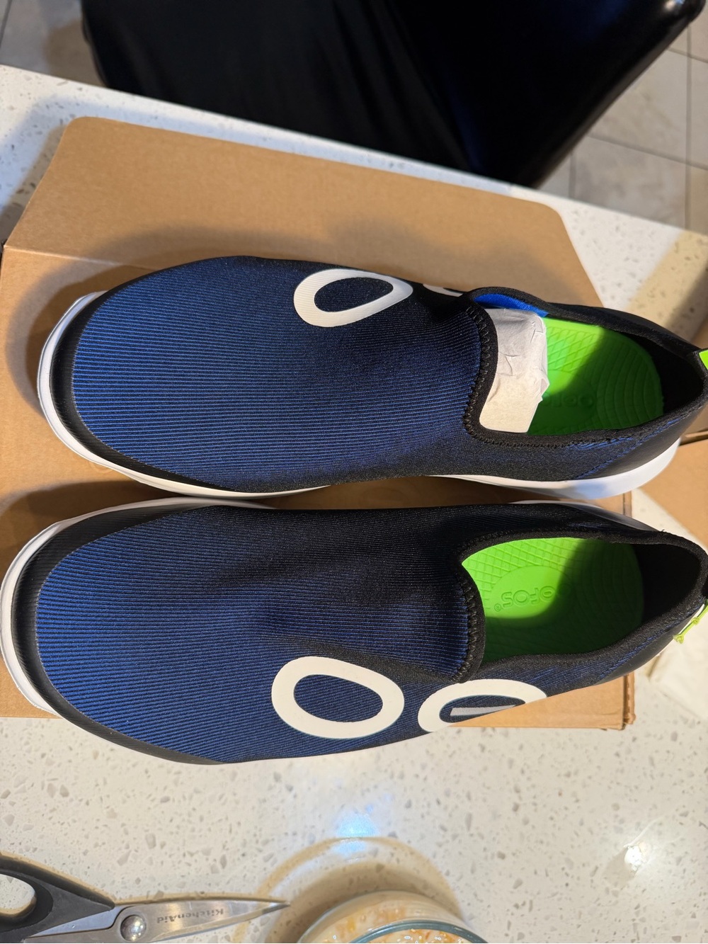 OOFOS Mens Slip-On Sneakers in Navy with Lime Green Insole